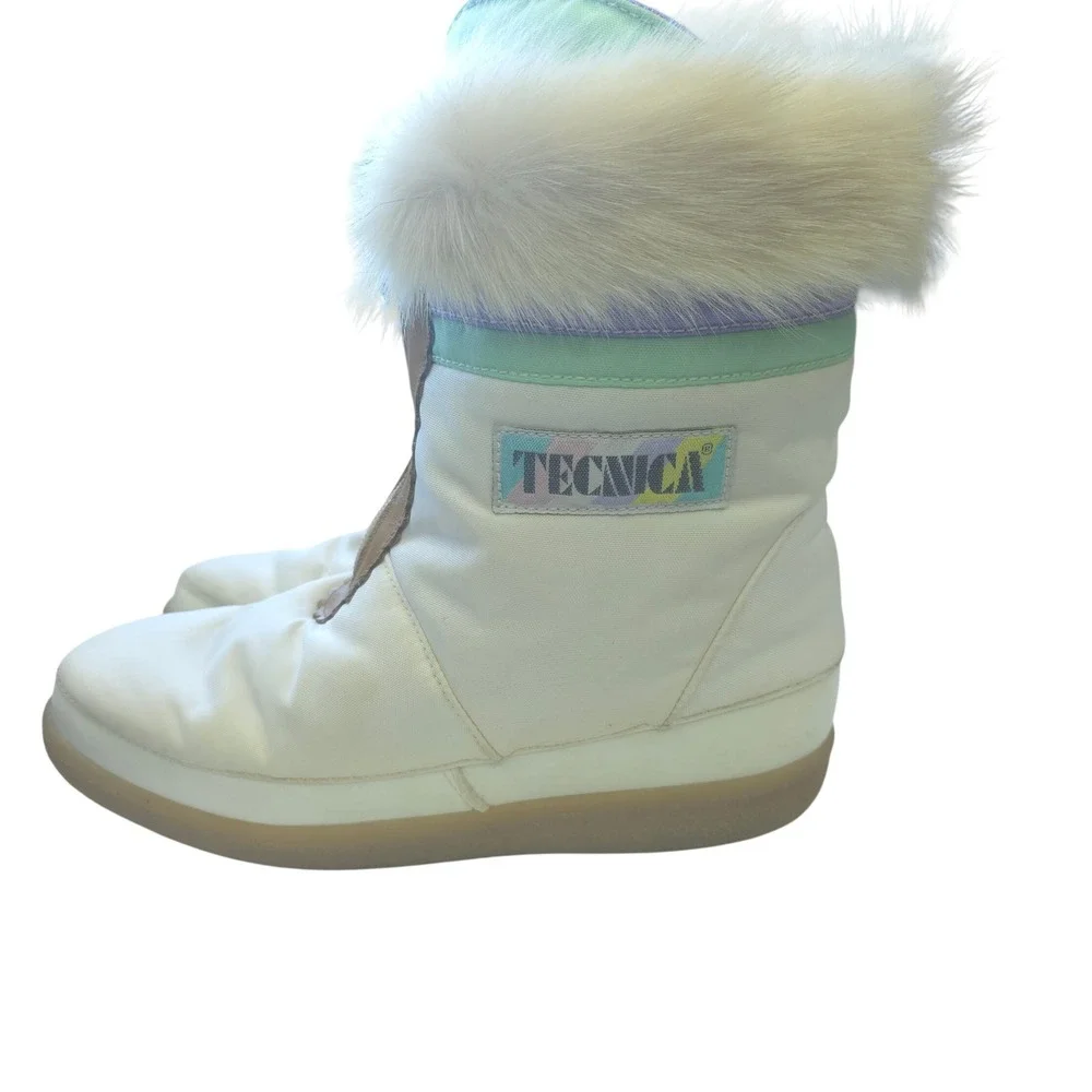 Tecnica Vintage Italian Snow Boots Faux Fur Trim Pastel White Leather Size 41